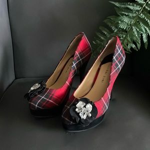 RARE Gianni Bini Tartan Plaid Bejeweled Velvet Heels